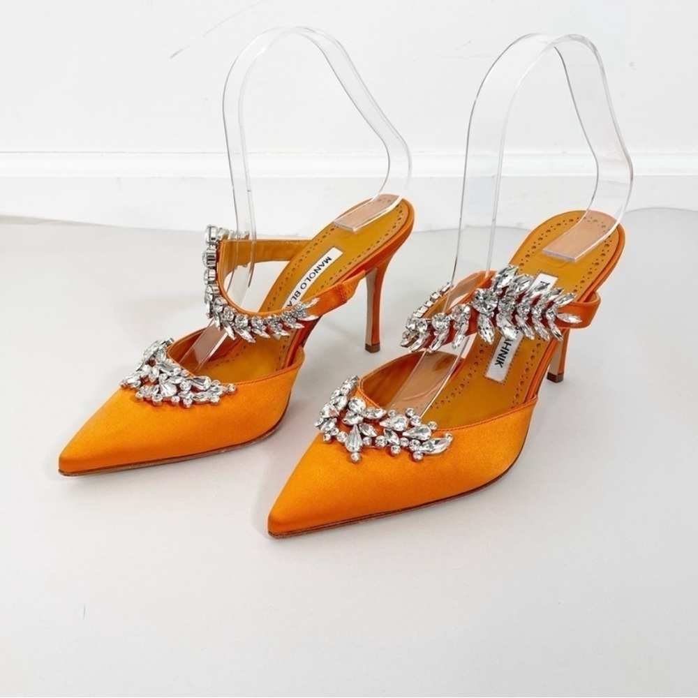 Manolo Blahnik Orange Lurum Crystal Satin Mules Heel - Picture 3 of 10